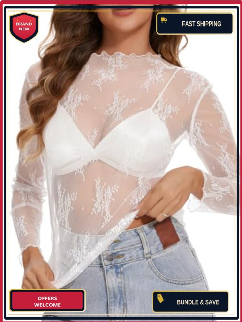Lace Mesh Long Sleeve Top Sheer Floral Shirt Blouse Mock Neck
